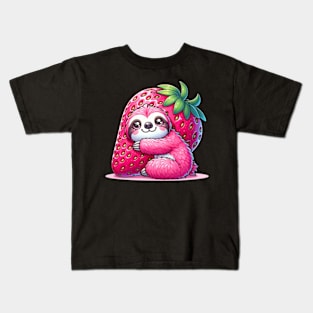 Pink Sloth Hugging a Strawberry Cute Kawaii Animal Kids T-Shirt